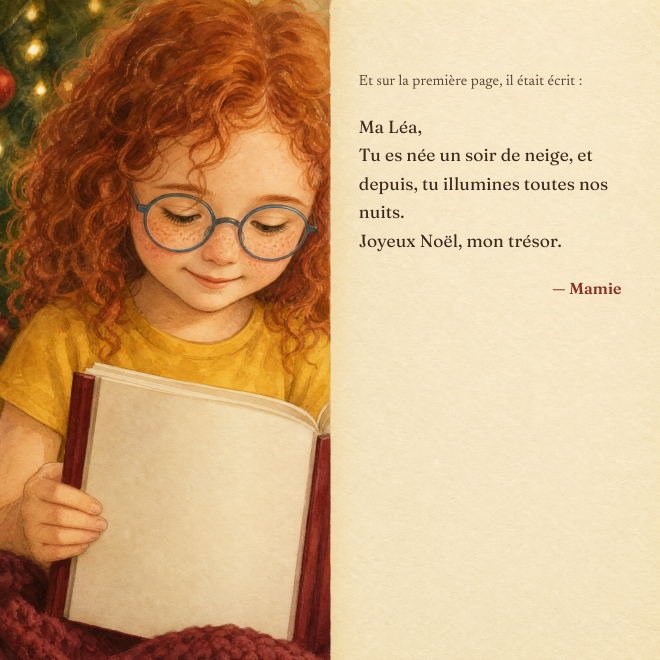 L'enfant lit la dédicace sur la première page